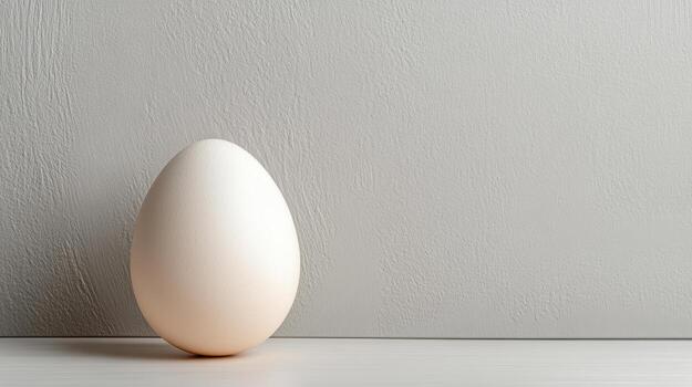Single egg stands upright smooth surface against textured gray background, creating serene photo