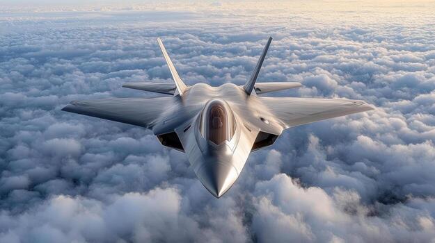pulcro sigilo aeronave altísimo encima mullido nubes, exhibiendo avanzado diseño y tecnología foto