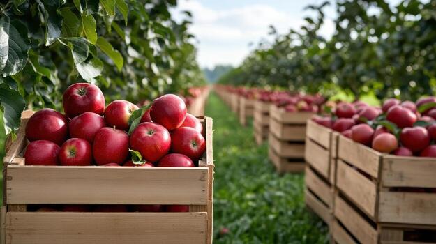 Fresh red apples in wooden crates, surrounded by lush green trees, create vibrant orchard scene photo