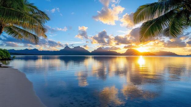 Golden sunset reflecting on calm lagoon water, surrounded by palm trees and mountains photo