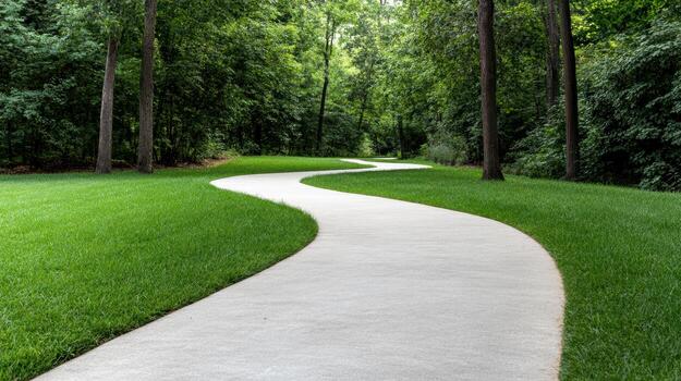 Winding path through lush green park surrounded by trees, inviting peaceful stroll photo