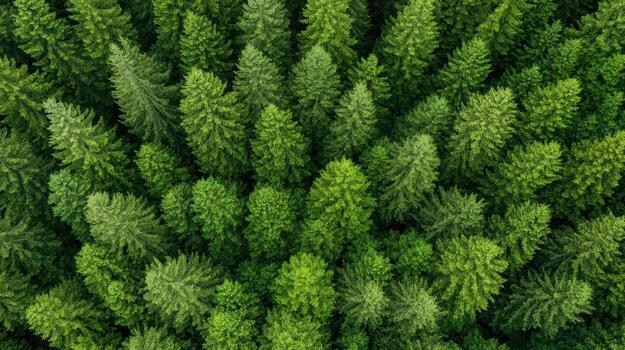Lush green forest canopy with dense trees creating vibrant atmosphere photo