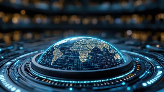 Futuristic globe displaying digital data and global connectivity, symbolizing advanced photo