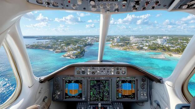 Aerial cockpit view of coastline with turquoise waters and cityscape during descent photo