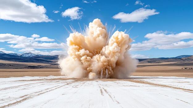 Explosive detonation creating large cloud of dust and debris in mountainous landscape photo