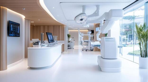 Modern surgical theater with advanced technology and bright lighting, creating sterile photo