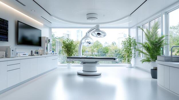 Modern surgical theater with advanced lighting and equipment, featuring spacious design photo