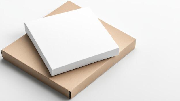 Blank canvas and cardboard box stacked together, perfect for creative projects and packaging photo
