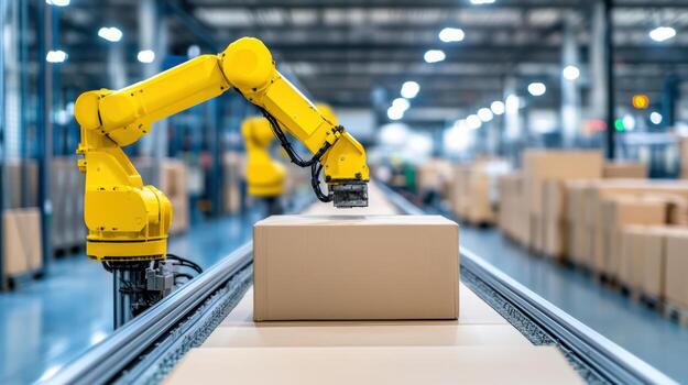 Automated robotic arm sorting packages warehouse environment, showcasing efficiency photo