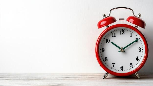 Classic red alarm clock with bells wooden surface, symbolizing time management and punctuality photo