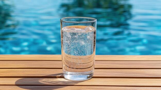 Clear drinking glass filled with sparkling water, placed on wooden surface near pool photo