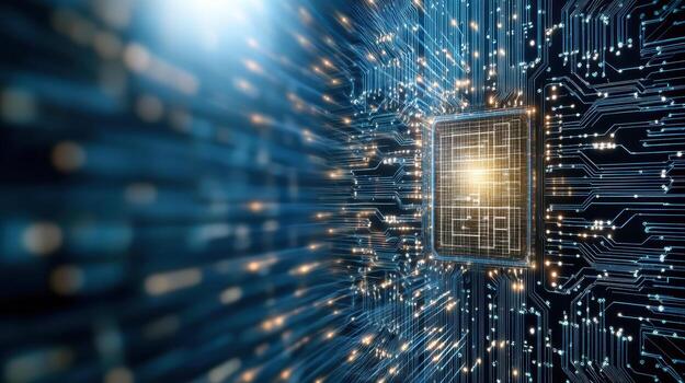 Futuristic circuit board with glowing microchip and data flow, representing advanced technology photo