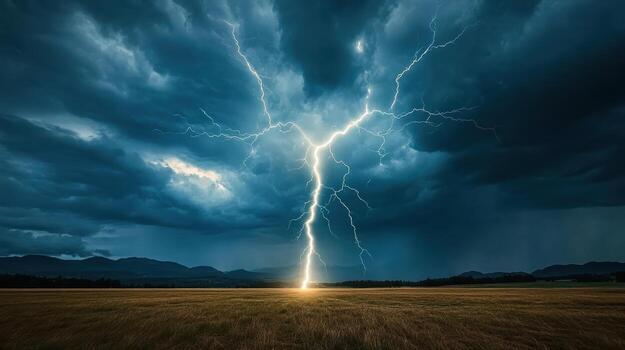 Dramatic lightning strikes illuminate stormy sky over vast field, creating powerful scene photo