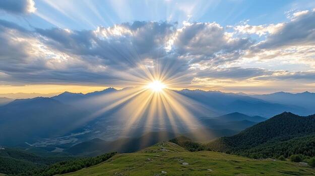 Breathtaking sunrise over mountains with rays of light illuminating landscape, creating serene photo