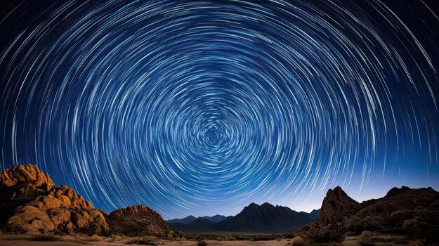 Star trails create mesmerizing circular pattern night sky, surrounded by rugged mountains photo