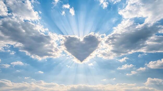 Heart shaped sunbeam piercing through storm clouds creates serene atmosphere photo