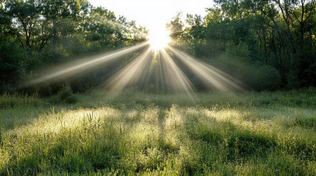 Sunlight beams radiate through trees, illuminating serene meadow with morning dew photo