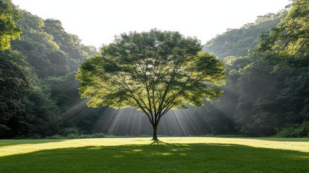 Heart shaped tree canopy in green meadow sunlight creates serene atmosphere photo