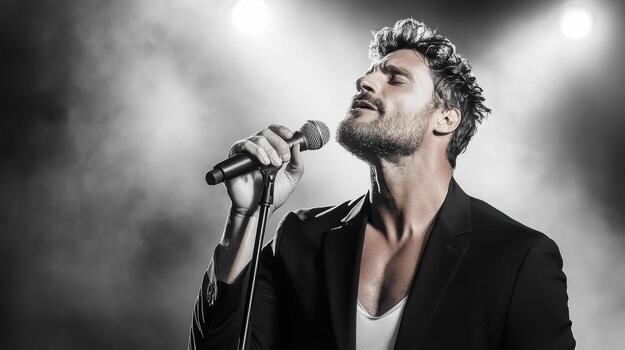 Singing man in sharp black suit with microphone, expressing deep emotion on stage photo