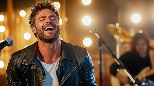Singing man in leather jacket expresses joy on stage with bright lights photo