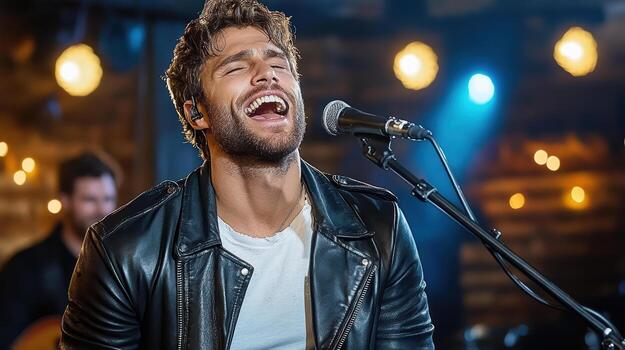 Singing man in leather jacket performs passionately on stage with soft bokeh lights photo