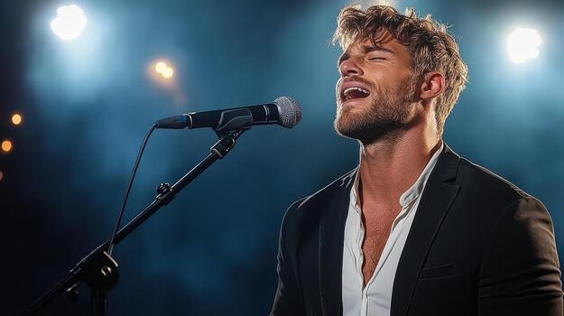 Singing man in sharp black suit performing passionately on stage with dramatic lighting photo