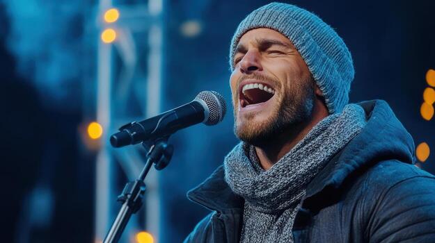 Singing man with scarf and hat passionately performs into microphone, creating vibrant photo