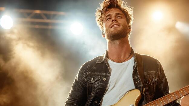 Energetic man playing guitar stage with bright spotlight shining down, creating vibrant photo