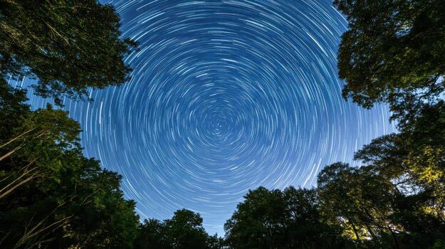 Star trails create mesmerizing circular patterns in night sky, surrounded by trees photo