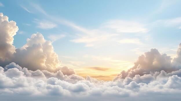 Majestic clouds fill sky, creating serene atmosphere sunset. soft hues of blue and orange blend photo