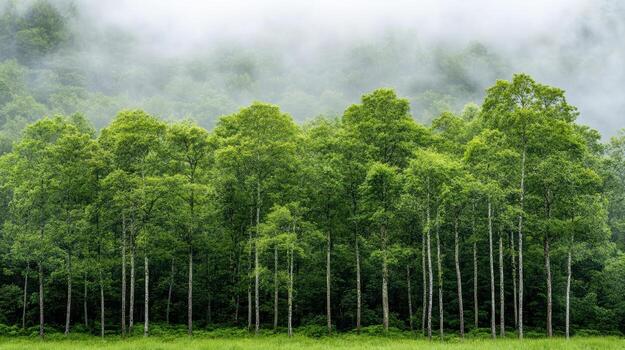 Lush green trees stand tall in serene forest, enveloped by soft morning fog photo