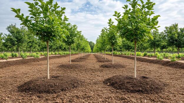 Healthy fruit trees with mulch rings and drip irrigation systems create vibrant landscape photo