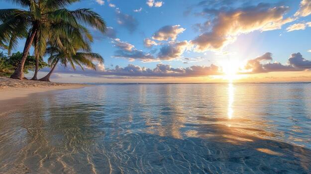 Serene tropical lagoon at sunset with palm trees and calm ocean waves reflecting golden light photo