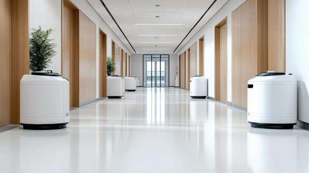 Sanitation robots operate in modern hospital corridor, enhancing cleanliness and efficiency photo