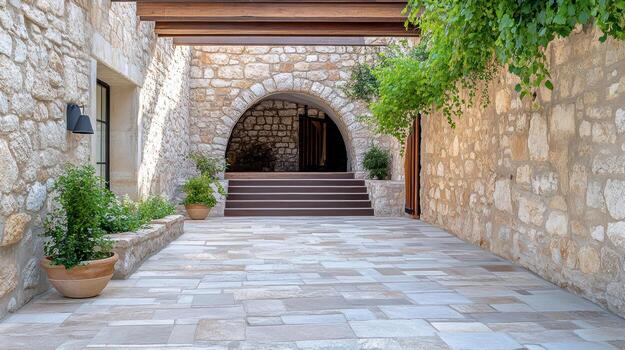 Stone courtyard features natural light, greenery, and rustic architecture, creating serene photo