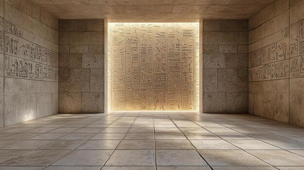 Illuminated pyramid interior features glowing hieroglyphs stone walls, creating mystical photo