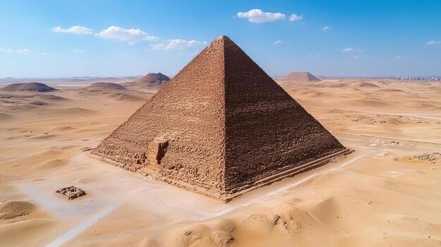 Ancient pyramid towering over desert landscape, showcasing remarkable architecture and history photo