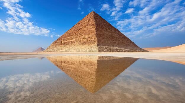 Majestic pyramid structure reflecting in calm water under clear blue sky evokes wonder photo