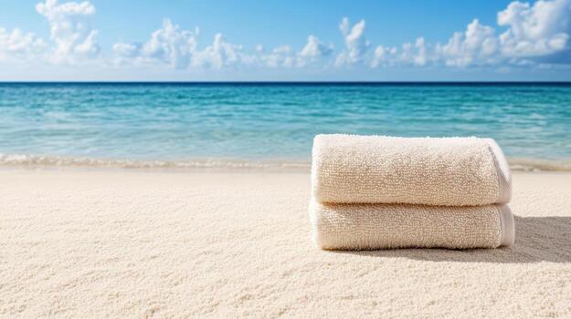Soft towels on sandy beach with ocean view and clear blue sky create serene atmosphere photo