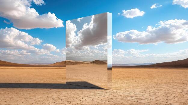 Reflective pyramid structure mirrors sky and desert landscape, creating surreal scene photo