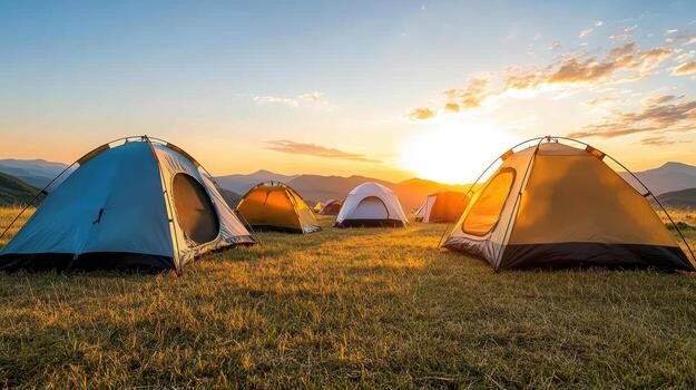 cámping carpas en abierto campo durante puesta de sol crear sereno atmósfera foto
