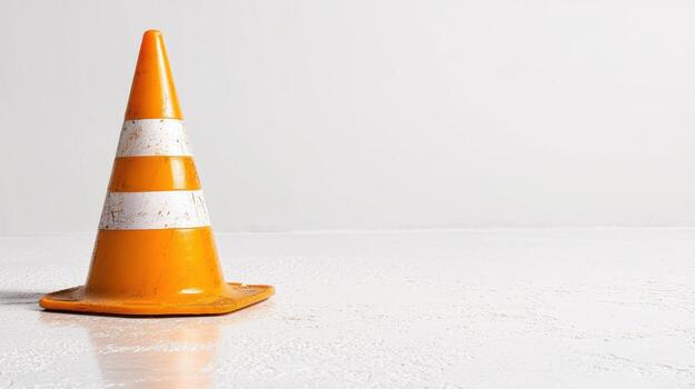 Orange traffic cone standing on clean white surface, creating striking visual contrast photo