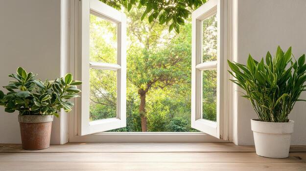Fresh air flows through open window, revealing vibrant garden with lush greenery and potted photo