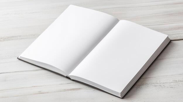Blank notebook open on wooden surface, inviting creativity and ideas photo