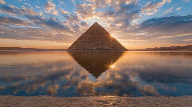 Majestic pyramid reflected in tranquil oasis water at sunset, creating serene atmosphere photo