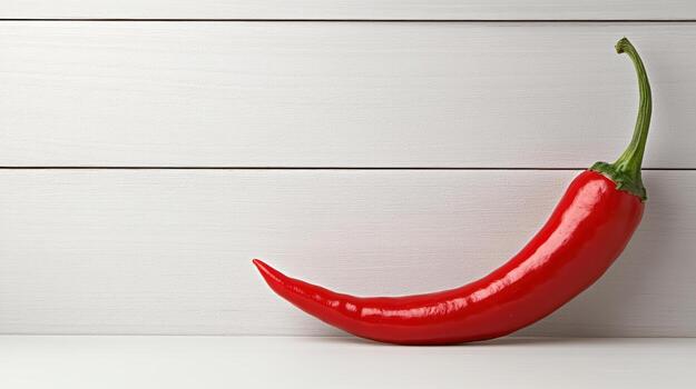 Fresh red chili pepper curved naturally on white wooden background, adding vibrant color photo