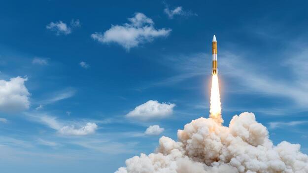 Rocket launching into sky with clouds and blue background, symbolizing excitement and innovation photo