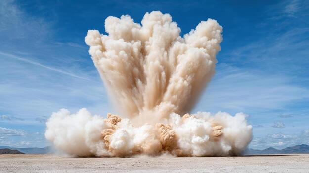 Massive explosion creating cloud of dust and debris against clear blue sky photo