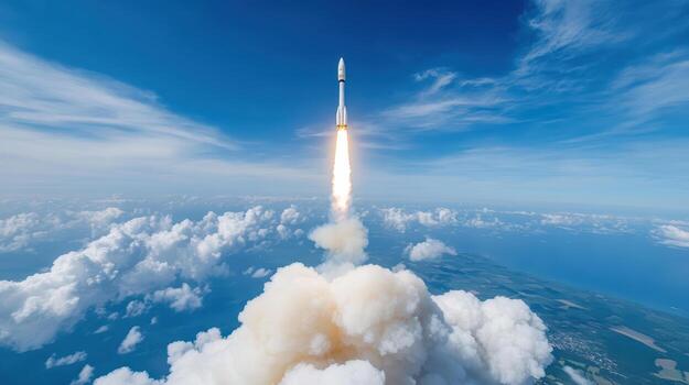 Rocket launching into sky, surrounded by clouds, symbolizes innovation and exploration photo