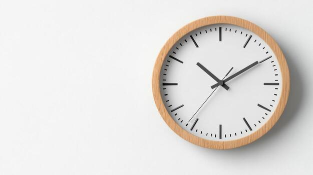 Modern round wall clock with wooden frame and minimalist design, perfect for any decor photo